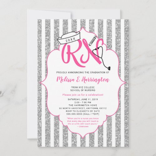 Pink Silver Glitter RN graduation party Invitation
