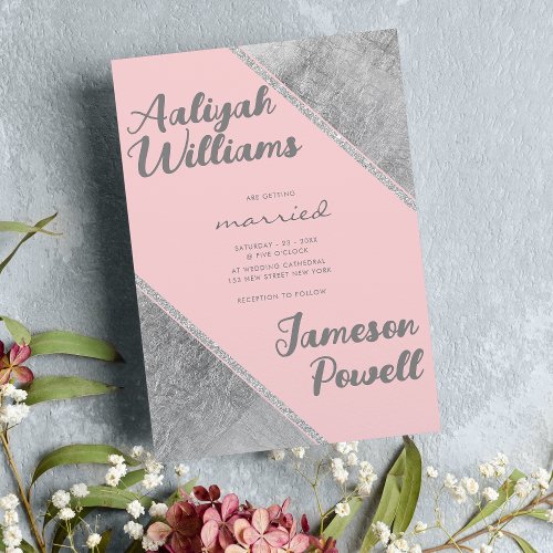 Pink silver glitter script calligraphy wedding invitation