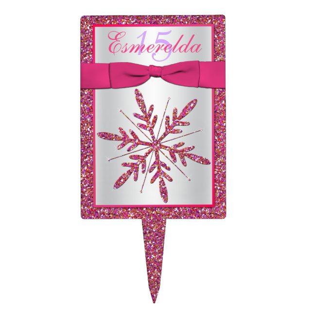Pink, Silver Glitter Snowflake Birthday Cake Pick (Front)