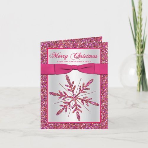 Pink Silver Glitter Snowflake Photo Christmas Card