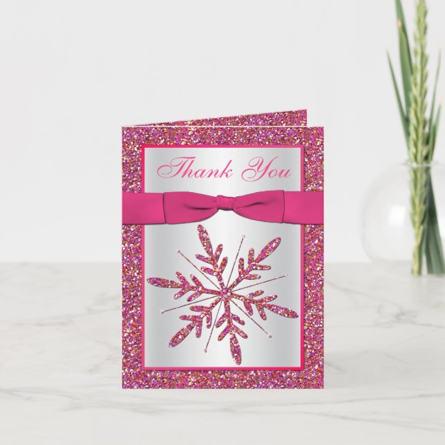 Pink Silver Glitter Snowflake Photo Thank You Card (Front)