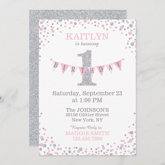 Pink Silver Glitter Sparkle First Birthday Invite (Front/Back)