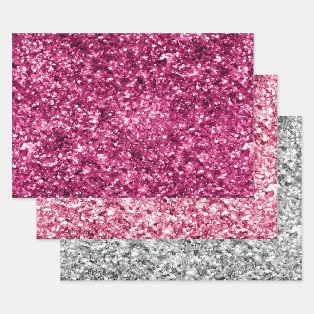Pink & Silver Glitter Sparkle Wrapping Paper Sheets (Set)