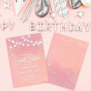 Pink Silver Glitter Sparkles Lights Sweet 16 Invitation