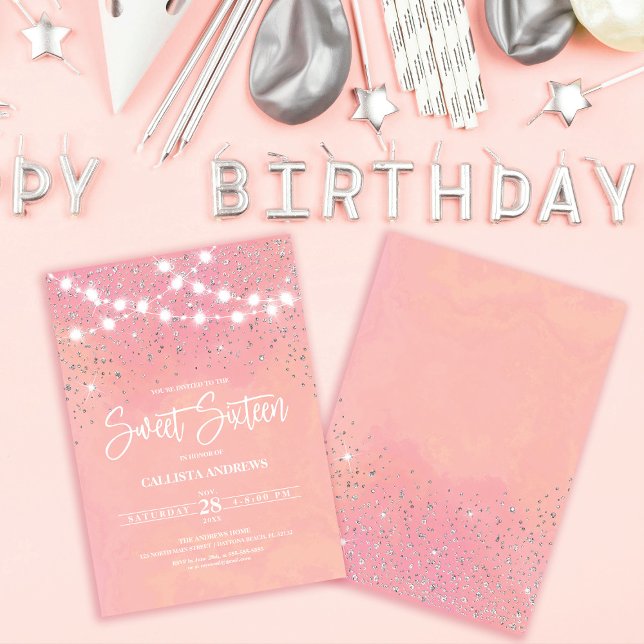 Pink Silver Glitter Sparkles Lights Sweet 16 Invitation (Creator Uploaded)