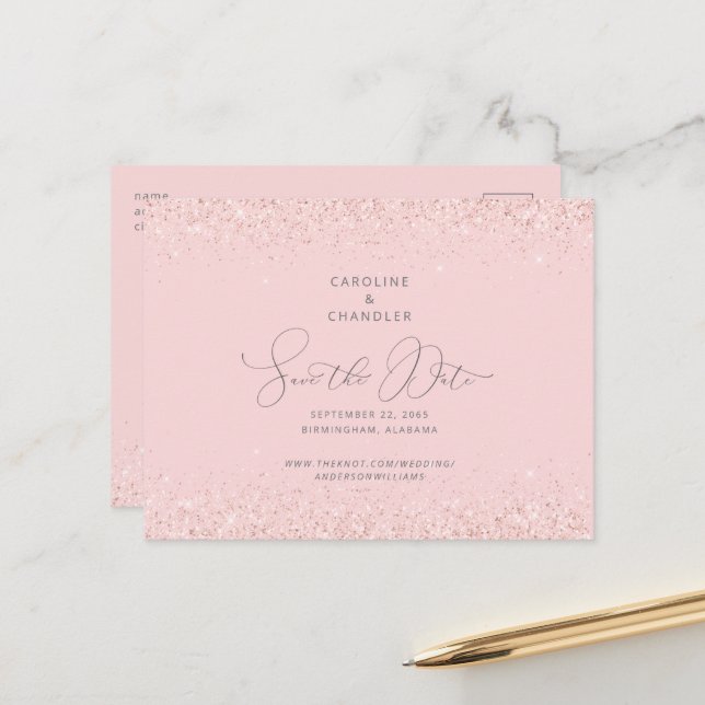 Pink  & Silver Glitter Wedding Save the Date Glam  Announcement Postcard (Front/Back In Situ)
