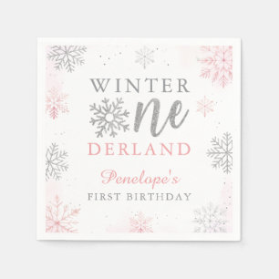 Pink Silver Glitter Winter Onederland 1st Birthday Napkins