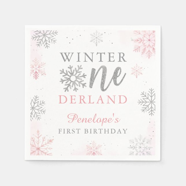 Pink Silver Glitter Winter Onederland 1st Birthday Napkins (Front)