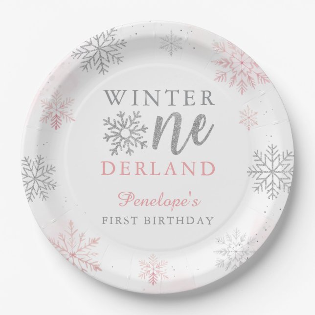 Pink Silver Glitter Winter Onederland 1st Birthday Paper Plates (Front)