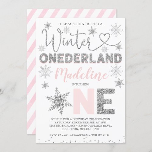 Pink Silver Glitter Winter Onederland Birthday Invitation