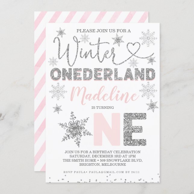 Pink Silver Glitter Winter Onederland Birthday Invitation (Front/Back)