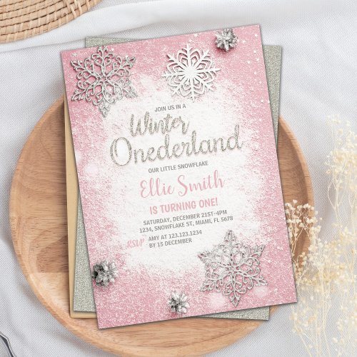 Pink Silver Glitter Winter ONEderland Invitations