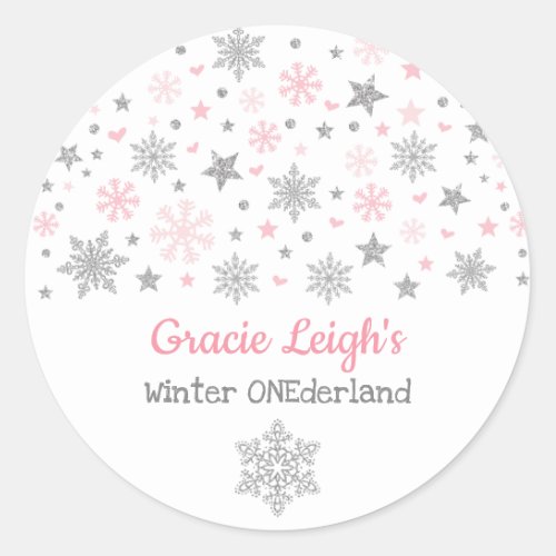 Pink Silver Glitter Winter Snowflake ONEderland Classic Round Sticker