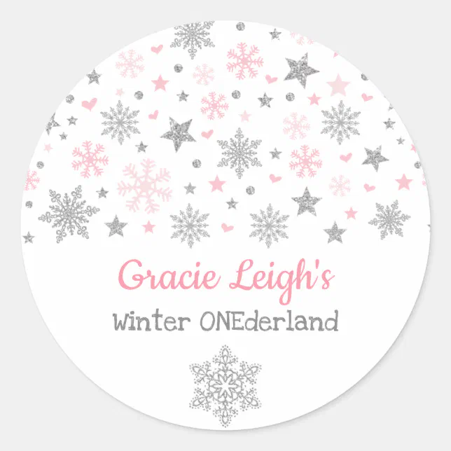 Pink Silver Glitter Winter Snowflake ONEderland Classic Round Sticker ...