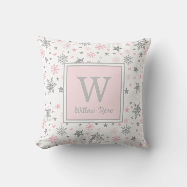 Pink Silver Glitter Winter Snowflakes Holiday Gift Throw Pillow (Front)