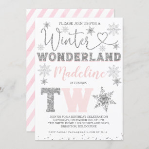 Pink Silver Glitter Winter Wonderland 2nd Birthday Invitation