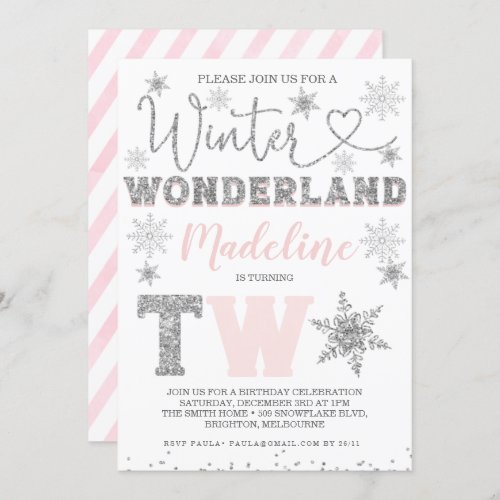 Pink Silver Glitter Winter Wonderland 2nd Birthday Invitation