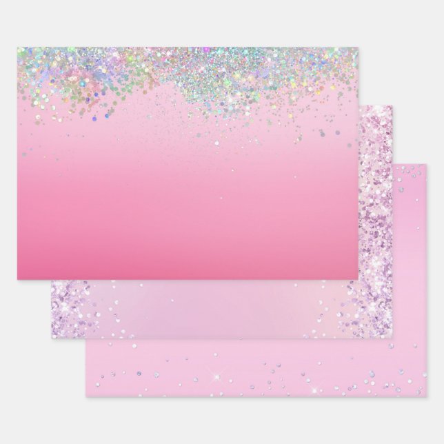 Pink Silver Glitzy Sparkle Confetti Christmas Wrapping Paper Sheets (Set)