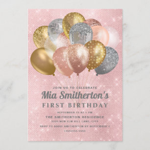 Pink Silver Gold  Balloons Girl's 1st Birthday Invitation