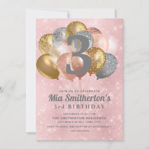 Pink Silver Gold  Balloons Girls 3rd Birthday Invitation