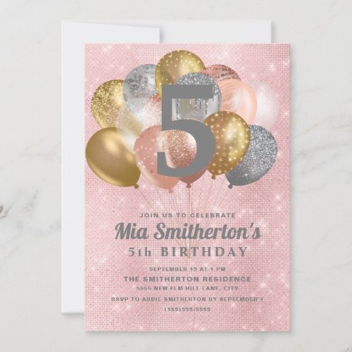 Pink Silver Gold  Balloons Girls 5th Birthday Invitation