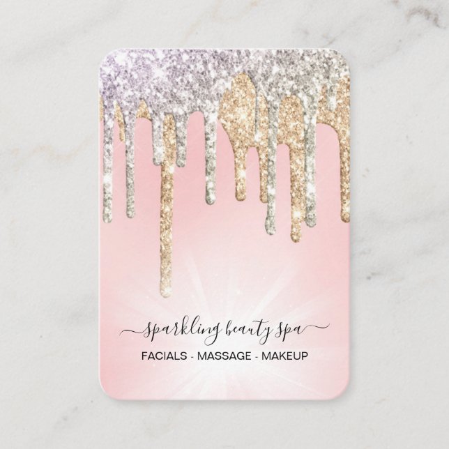 *~* Pink Silver + Gold  Drip Dripping GLITTER AP7 Business Card (Front)