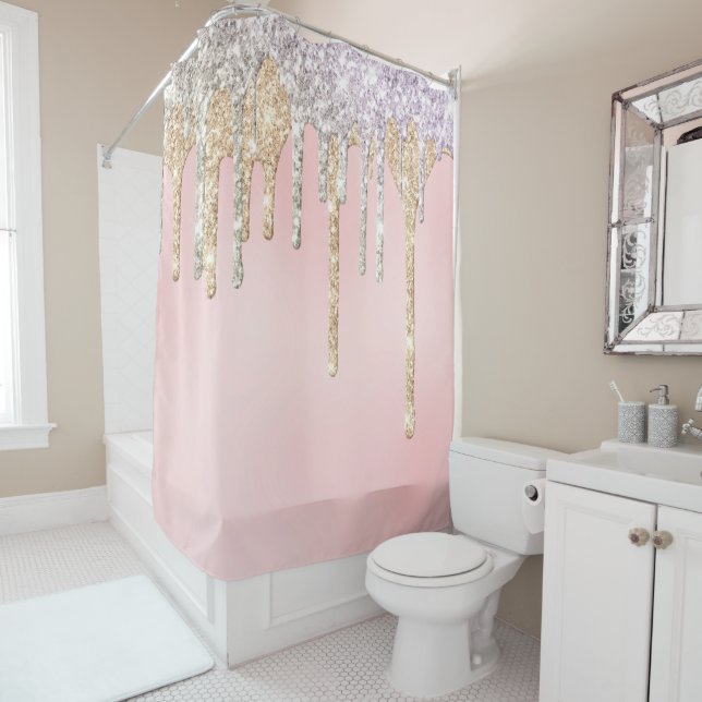 *~* Pink Silver + Gold  Drip Dripping GLITTER AP7 Shower Curtain (In Situ)