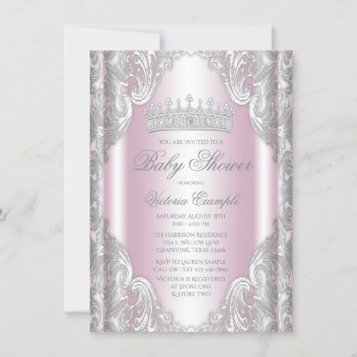 Pink Silver Gray Fancy Princess Baby Shower Invitation