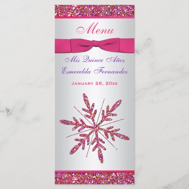 Pink, Silver Gray FAUX Glitter Snowflakes Menu (Front)