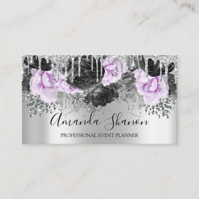 Pink Silver Gray Glitter Drip Logo Event Planner Business Card (Front)
