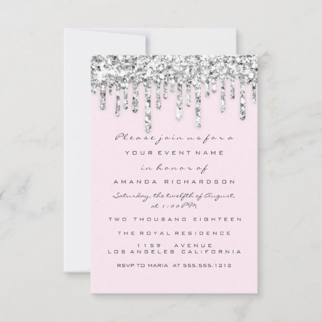 Pink Silver Gray Glitter Effect Drips Bridal  Invitation (Front)