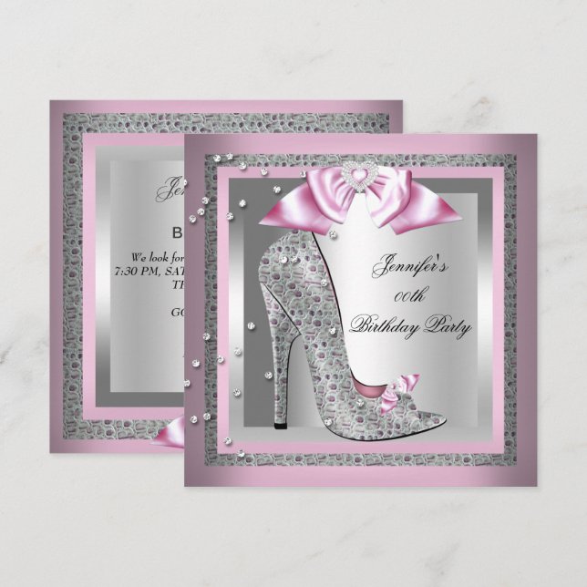Pink Silver Gray High Heel Shoe Birthday Party Invitation (Front/Back)