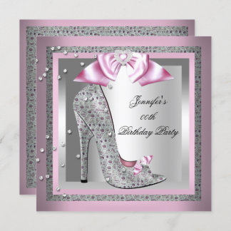 Pink Silver Gray High Heel Shoe Birthday Party Invitation