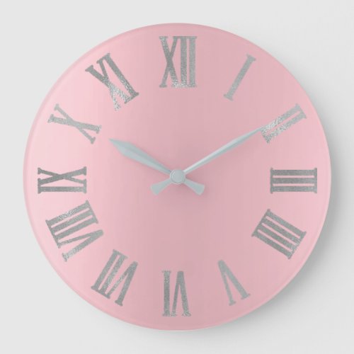 Pink Silver Gray Minimal Metallic Roman Numers Large Clock