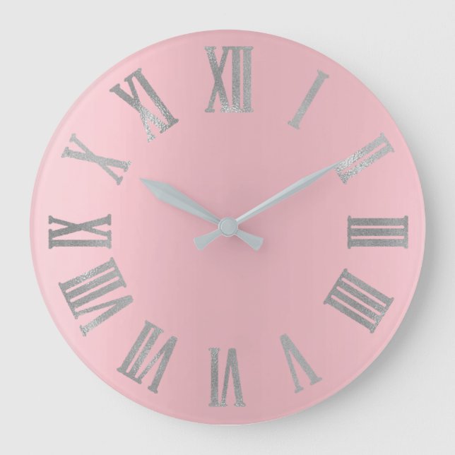 Pink Silver Gray Minimal Metallic Roman Numers Large Clock (Front)
