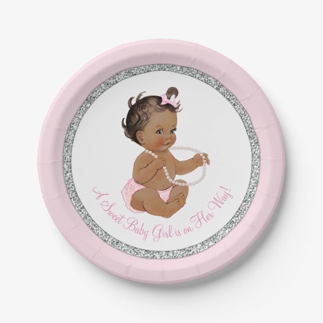 Pink Silver Gray Pearl Ethnic Girl Baby Shower Paper Plates (Front)