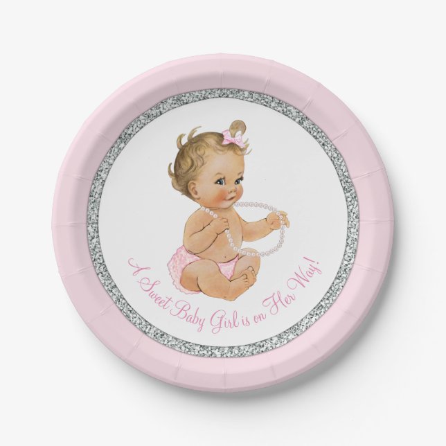 Pink Silver Gray Pearl Girl Baby Shower Paper Plates (Front)
