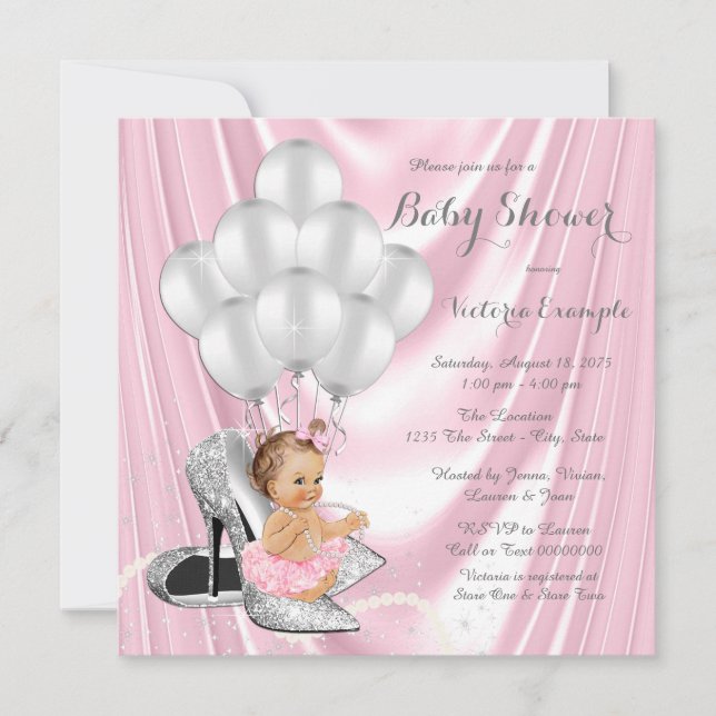 Pink Silver Gray Pearl High Heel Baby Shower Invitation (Front)