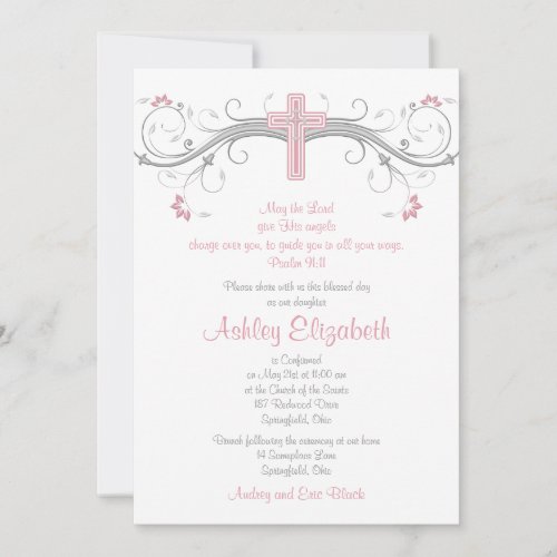 Pink Silver Grey Cross Confirmation Invitation