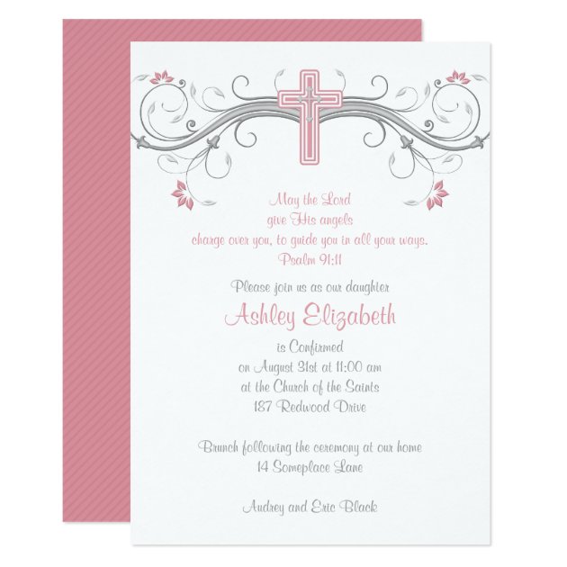 Pink Silver Grey Cross Confirmation Invitation