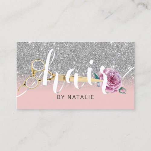 Pink Silver Hair Stylist Scissor Flower Typography Business Card
