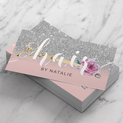 Pink Silver Hair Stylist Scissor Flower Typography Business Card