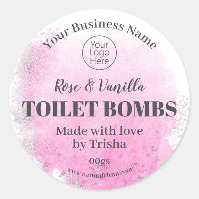 Pink Silver Handmade Fizzy Toilet Bomb Logo Label (Front)