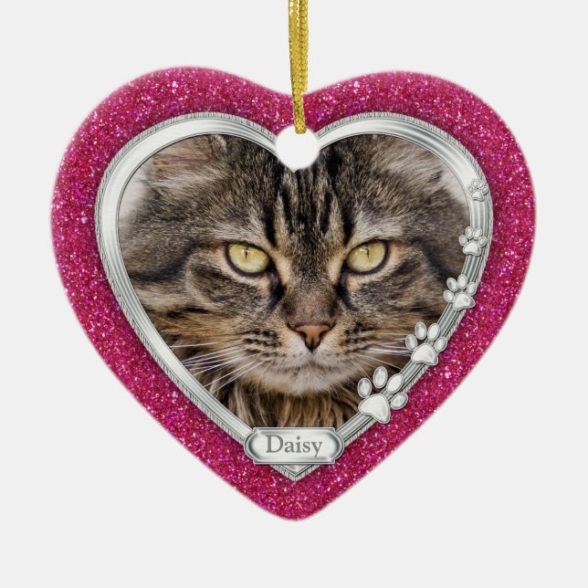 Pink Silver Heart Pet Cat Memorial Photo Christmas Ceramic Ornament (Front)