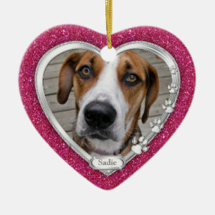 Pink Silver Heart Pet Dog Memorial Photo Christmas Ceramic Ornament