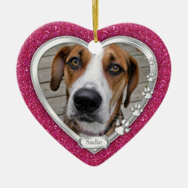 Pink Silver Heart Pet Dog Memorial Photo Christmas Ceramic Ornament (Front)