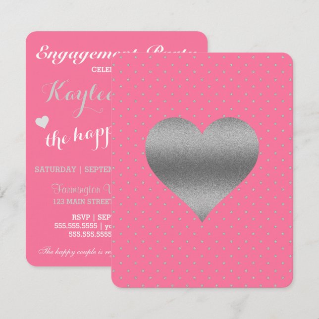 Pink & Silver Heart Polka Dot Bridal Shower Party Invitation (Front/Back)
