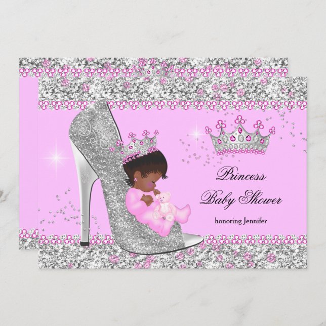 Pink Silver High Heel Princess Baby Shower Ethnic Invitation (Front/Back)