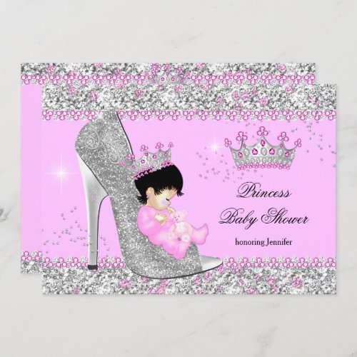 Pink Silver High Heel Princess Baby Shower Tiara Invitation