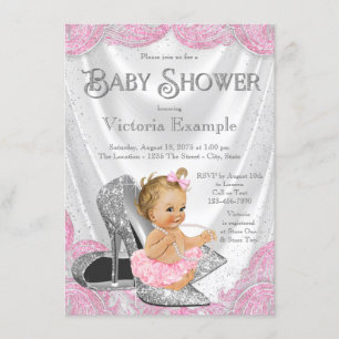 Pink Silver High Heel Shoe Baby Shower Invitations
